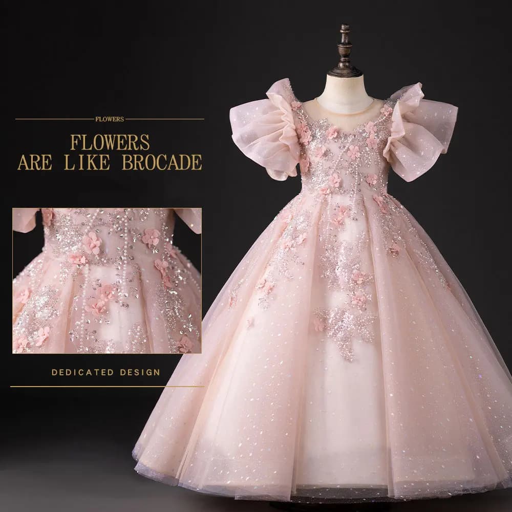 Jill Wish J384 Lusso Rosa Dubai Ragazza Abito 3D Fiori Perle Arabo Principessa Bambini Matrimonio Compleanno Festa Abito da ballo lungo 2025