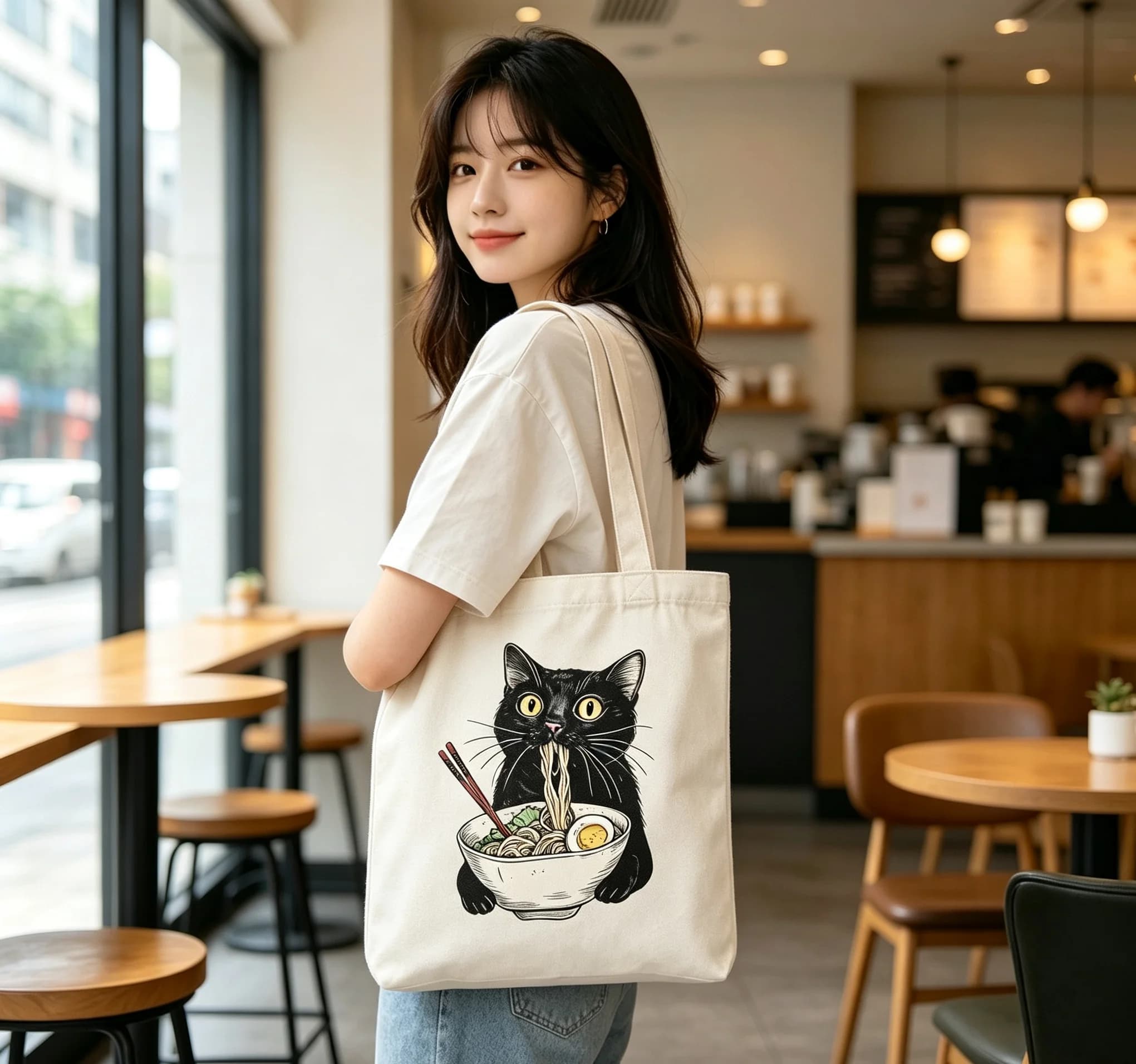 Black Cat Eating Ramen Print Canvas Tote Bag, Cute Noodle Cat Shoulder Shopping Bag, Aesthetic Cartoon Reusable Handbag Gift