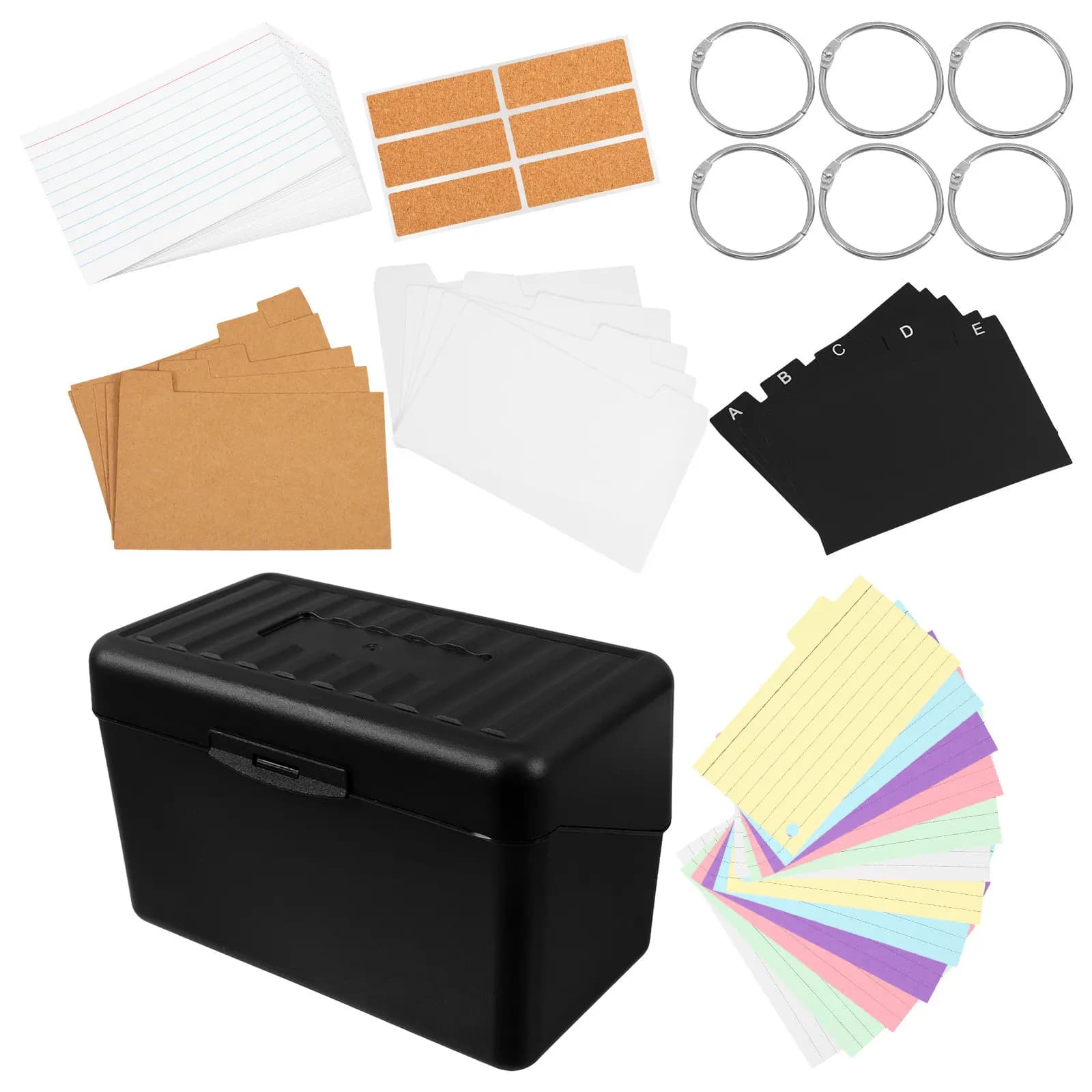 1Set Black Index Card Organizer Set with 6 Colorful Tabs Lined Cards Desktop Storage Box for Home Office School Note Taking