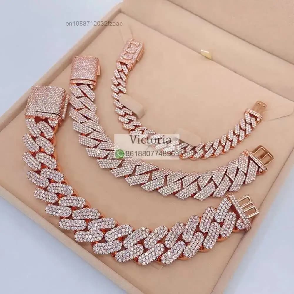 Luxury Hip Hop 13mm 20mm 23mm Miami Cuban Link Men Iced Out Rose Gold Moissanite Cuban Bracelet.