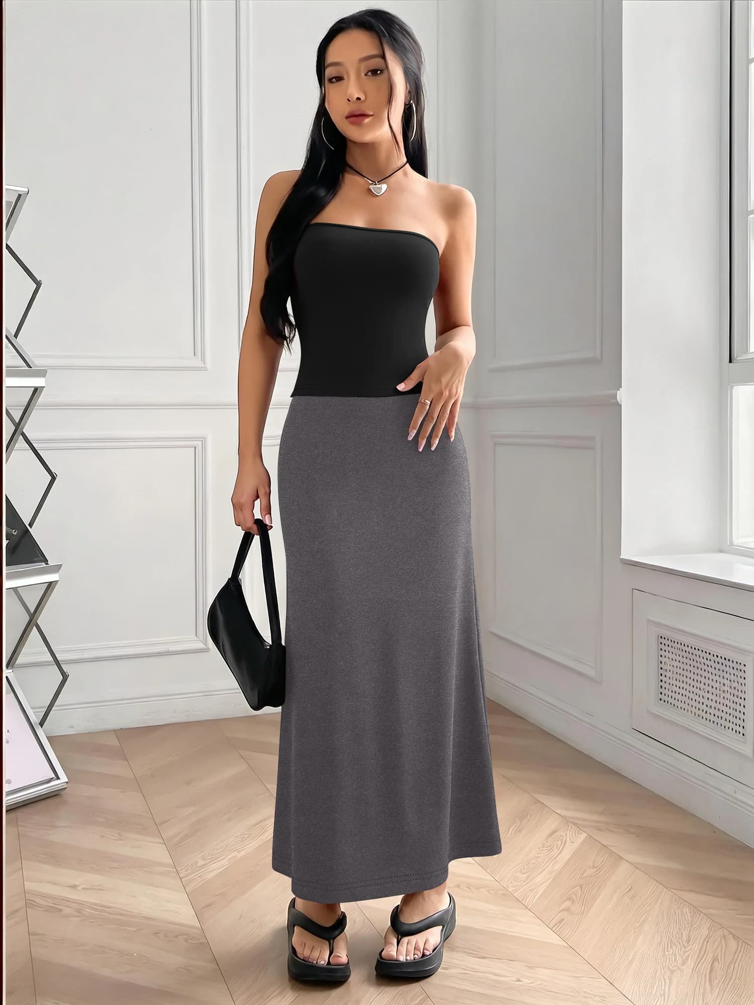 Set Elegante Y2K da Donna: Top a Fascia Slim Fit con Gonna Lunga a Sirena, Completo Due Pezzi