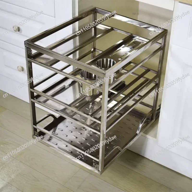 Kitchen Kitchen Cabinet 304 Pull Basket Square Tube Damping Seasoning Basket Drawer Storage Knife Holder Bottle Jar Storage