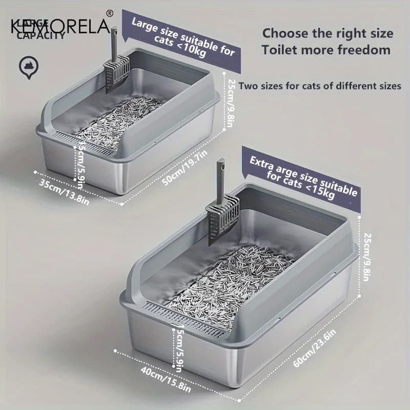 KEMORELA 1PC Lettiera per Gatti in Acciaio Inossidabile, Semi-chiusa, con Bordo Alto e Coperchio, Paletta Inclusa, Anti-schizzo, Lettiera Aperta