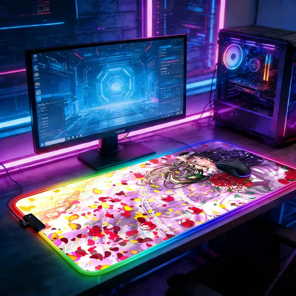 Tappetino per mouse con illuminazione a LED RGB, tappetino per tastiera da gioco e-sport, Rose Bride Anime, accessori per PC, tappetino per mouse, tappetino da scrivania per gamer, tappetini per mouse da gioco