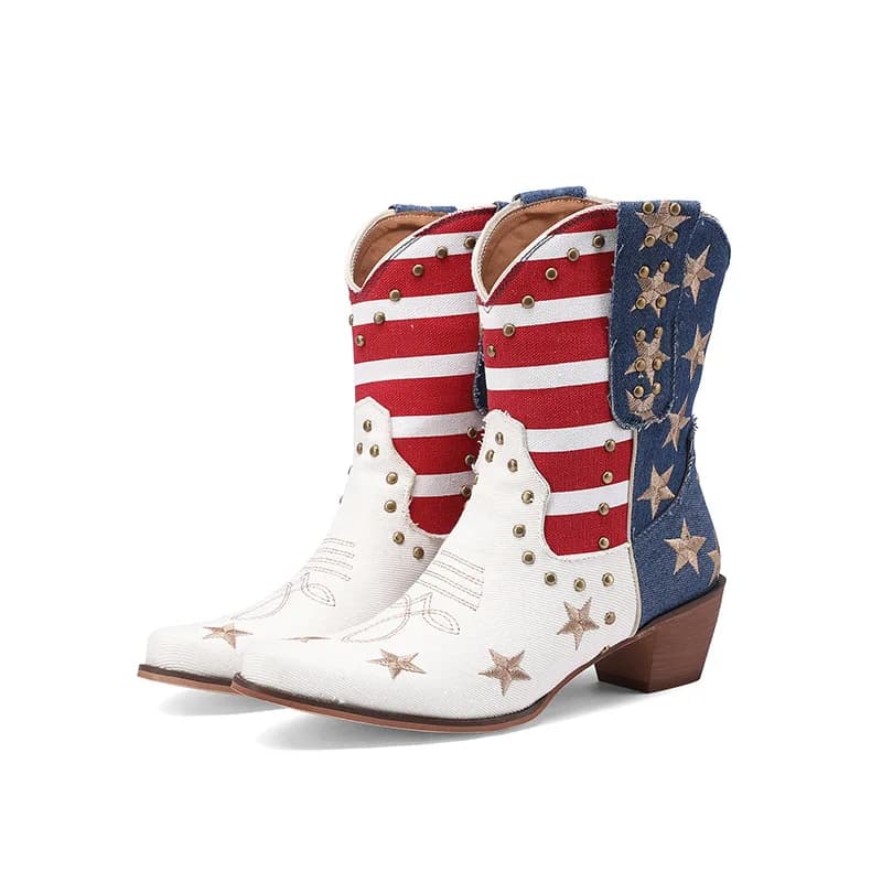 Stivali western con stampa bandiera da donna Punta a punta Tacco da cowboy Star Stud Dettaglio audace per eventi Casual Look moda autunno/inverno