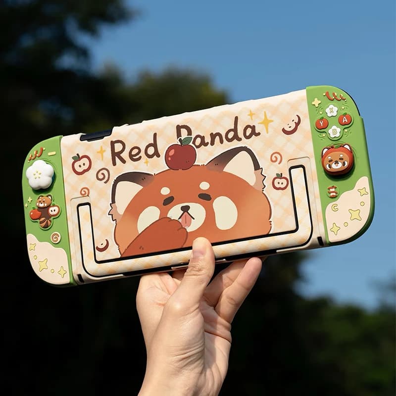 Custodia protettiva in silicone Kawaii e cover JoyCon per Nintendo Switch 2/OLED con 1 paio di impugnature per pollice personalizzate Simpatico panda rosso