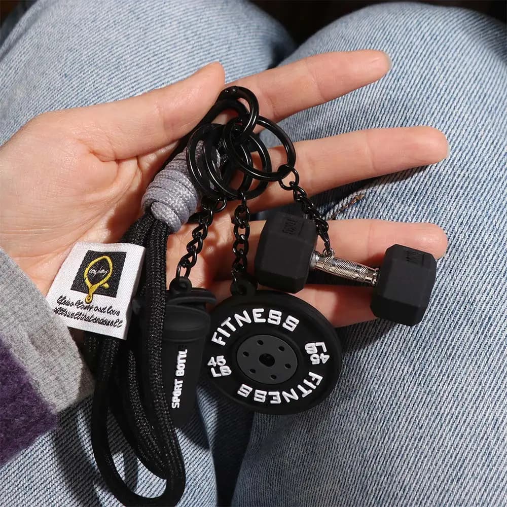 Keyring with Dopamine barbell, kettlebell and simulated handlebars INS, creative pendant detachable fitness series