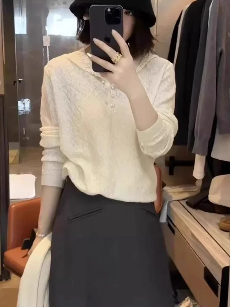 Felpa con Cappuccio in Pizzo alla Moda, Maglione Lavorato a Maglia da Donna, Top Versatile e Unico per Autunno e Inverno, Stile Coreano per il Lavoro