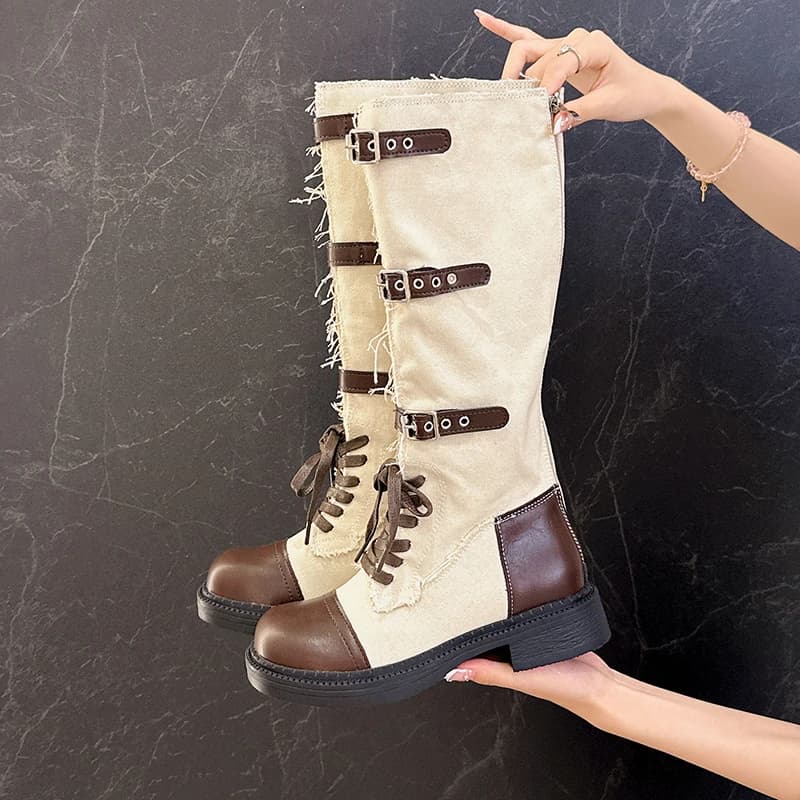 Retro Fashion Long Thigh Boots Women 2026 Summer New Cowboy Boots Belt Buckle Tall Casual Shoes