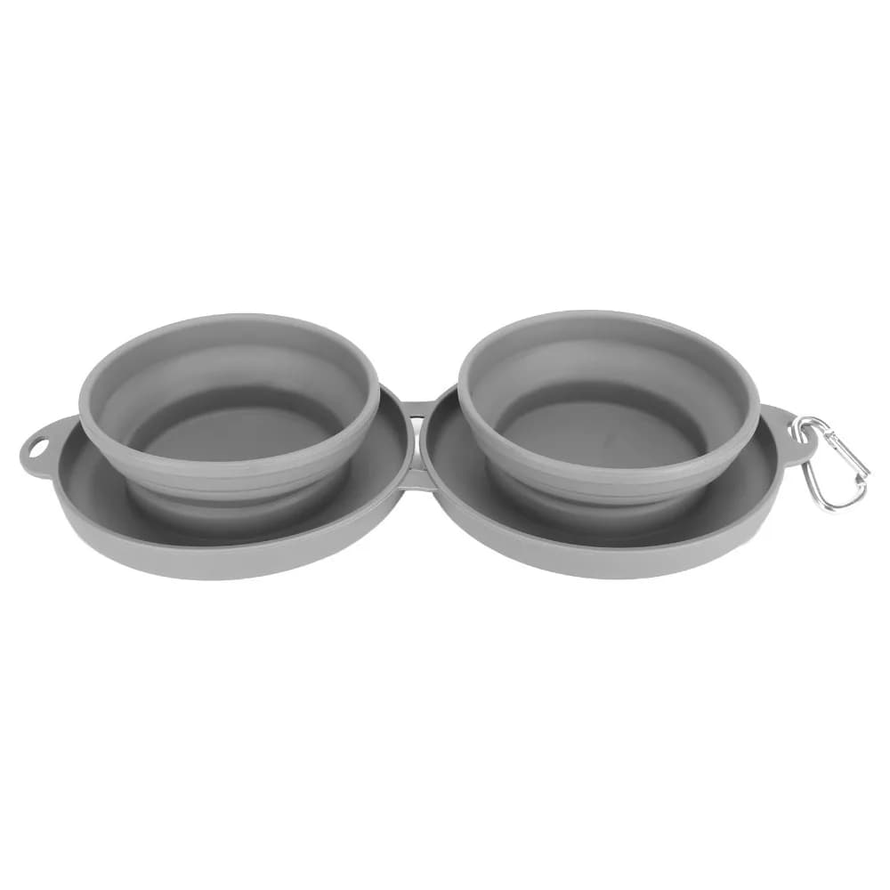 Food Grade Silicone Collapsible Pet Double Bowl Grey Lightweight Portable Dog Feeding Bowl Large Capacity Double Cavity