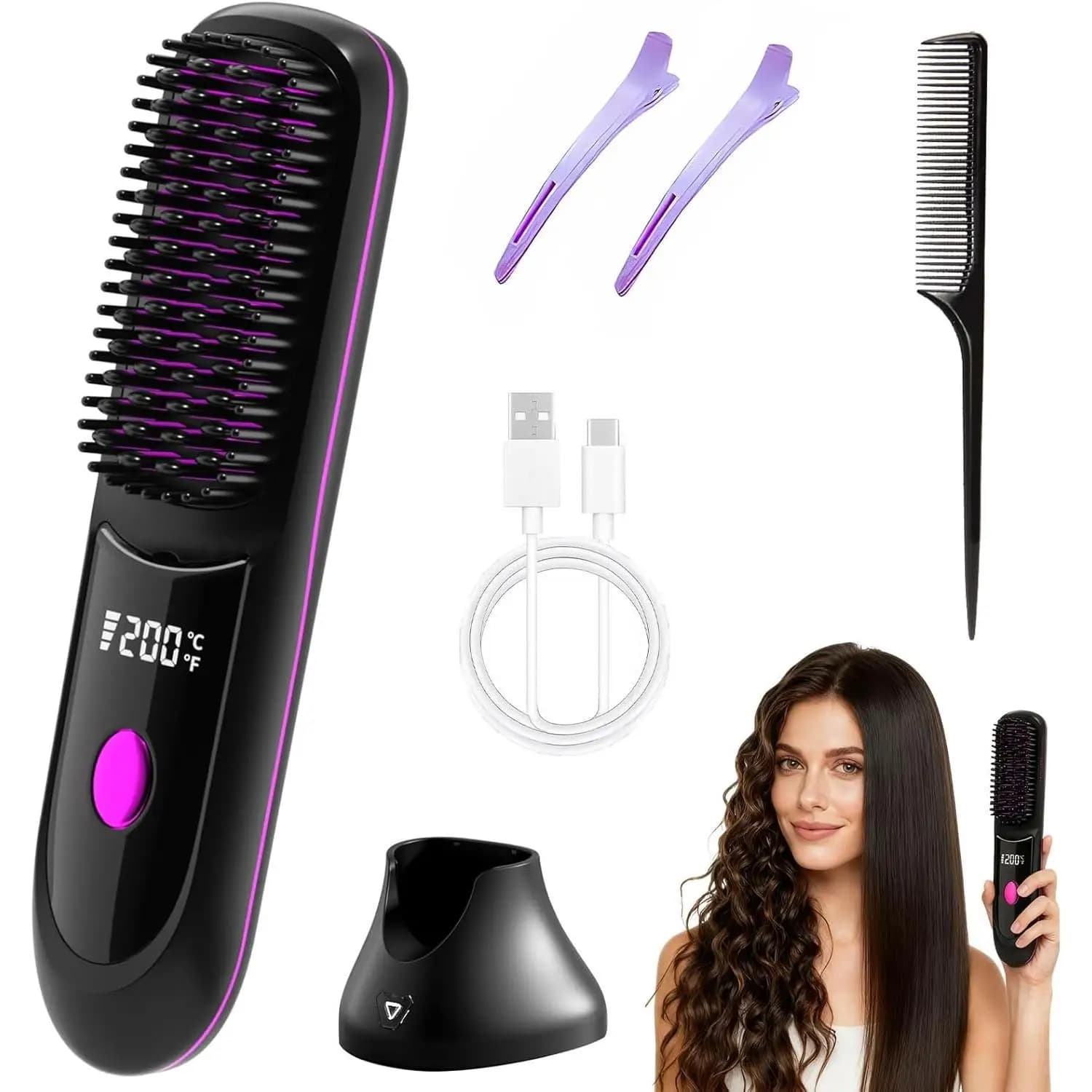 Women's wireless hair plate comb: ion technology and constant temperature control, rapid heating, LCD display