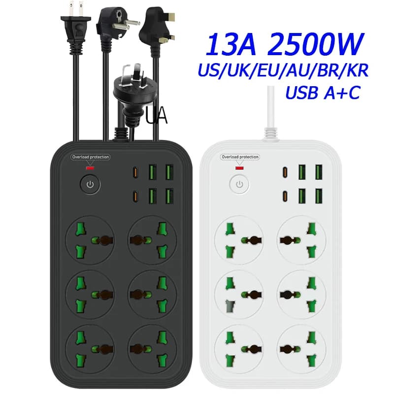 Universal 13A multiple sockets with USB extension cable 2500w KR EU US UK AU Electrical overload protection socket