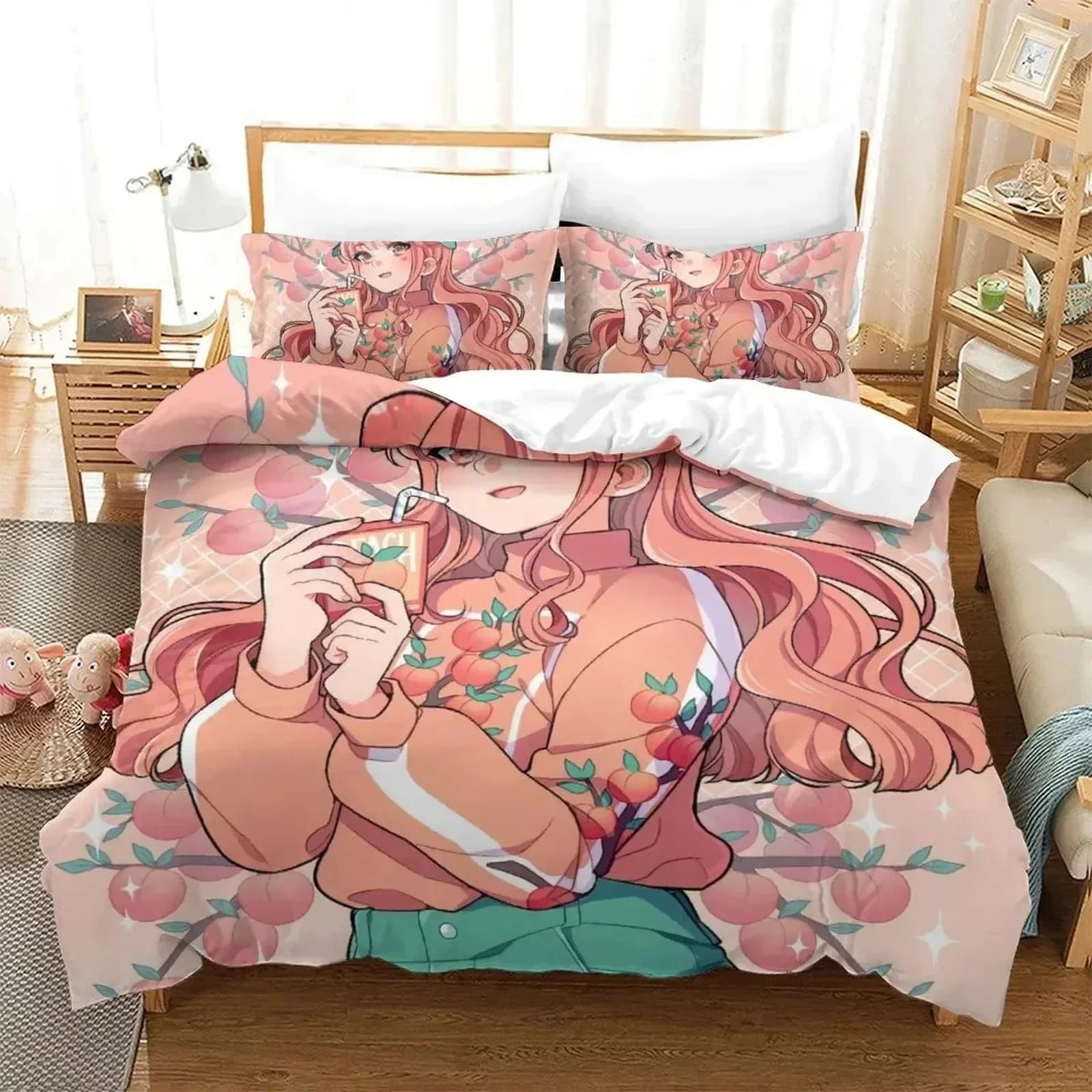 Set di Biancheria da Letto con Motivo Artistico Anime di Ragazze e Fragole, Copripiumino, Federe, Misura King e Queen per Ragazzi e Adulti