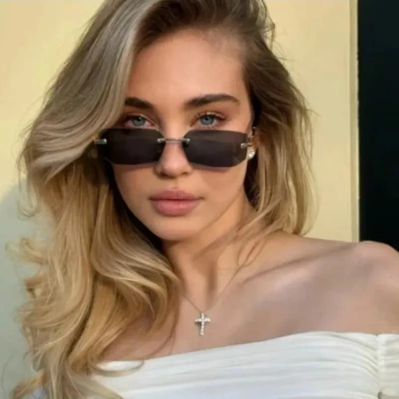 Rimless Rectangle Sunglasses, UV400 Protection Frameless Sun Glasses, Retro Eyewear for Women & Men