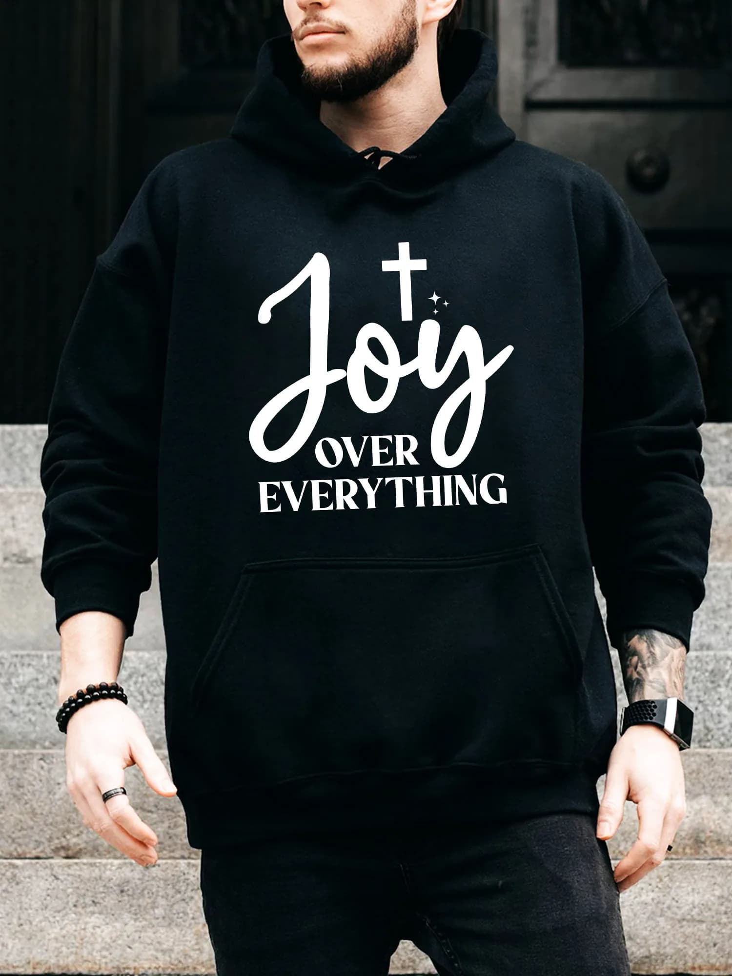Joy over All Christian Felpa con cappuccio da uomo con coulisse - Pullover nero casual e confortevole, felpa con cappuccio autunno e inverno