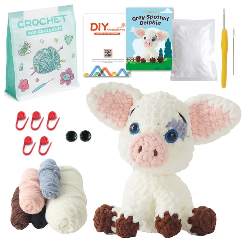 Pig Animal Doll DIY Knitting Kit for Beginners, Ice Yarn Crochet Hook Material Set with English Tutorial