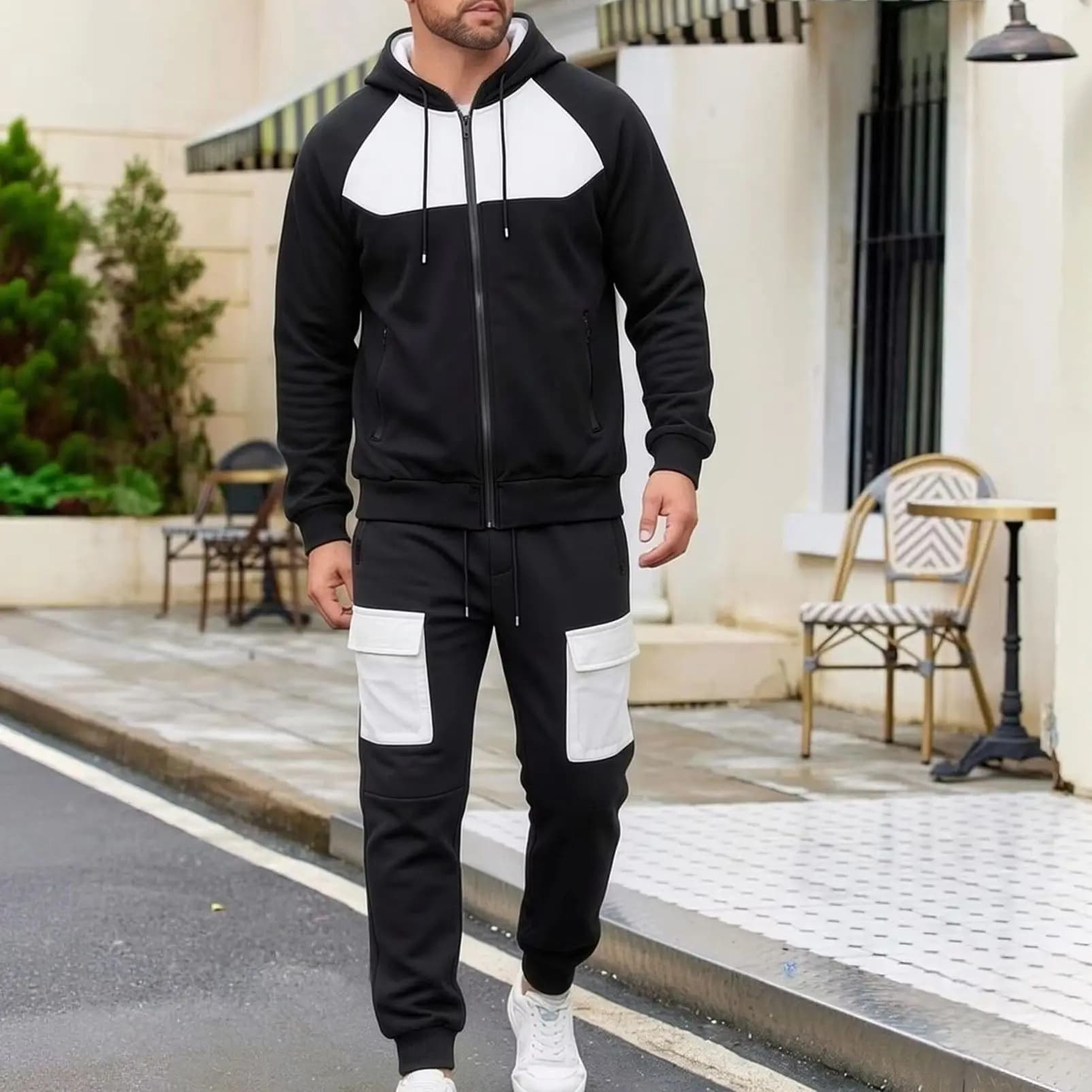 Color Block Men 2 Piece Tracksuit Zip‑Up Hooded Jacket Cargo Jogger Pants Loose Casual Sports Matching Outfit Set