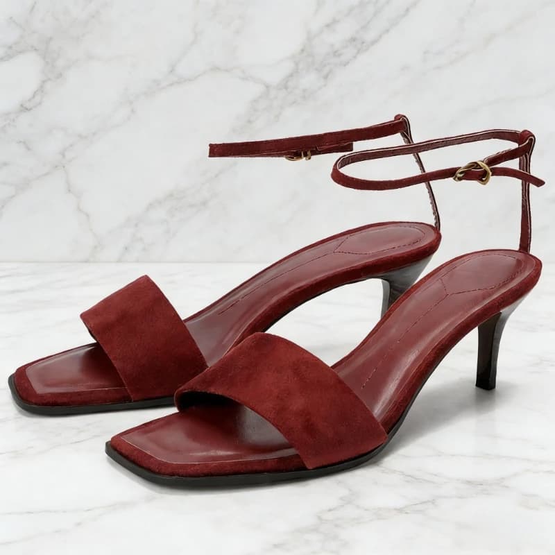 Red Faux Suede Heeled Sandals Women Luxury Square Toe Ankle Strap Buckle Designer Shoes Summer Sexy Open Toe Stiletto Dress Shoe