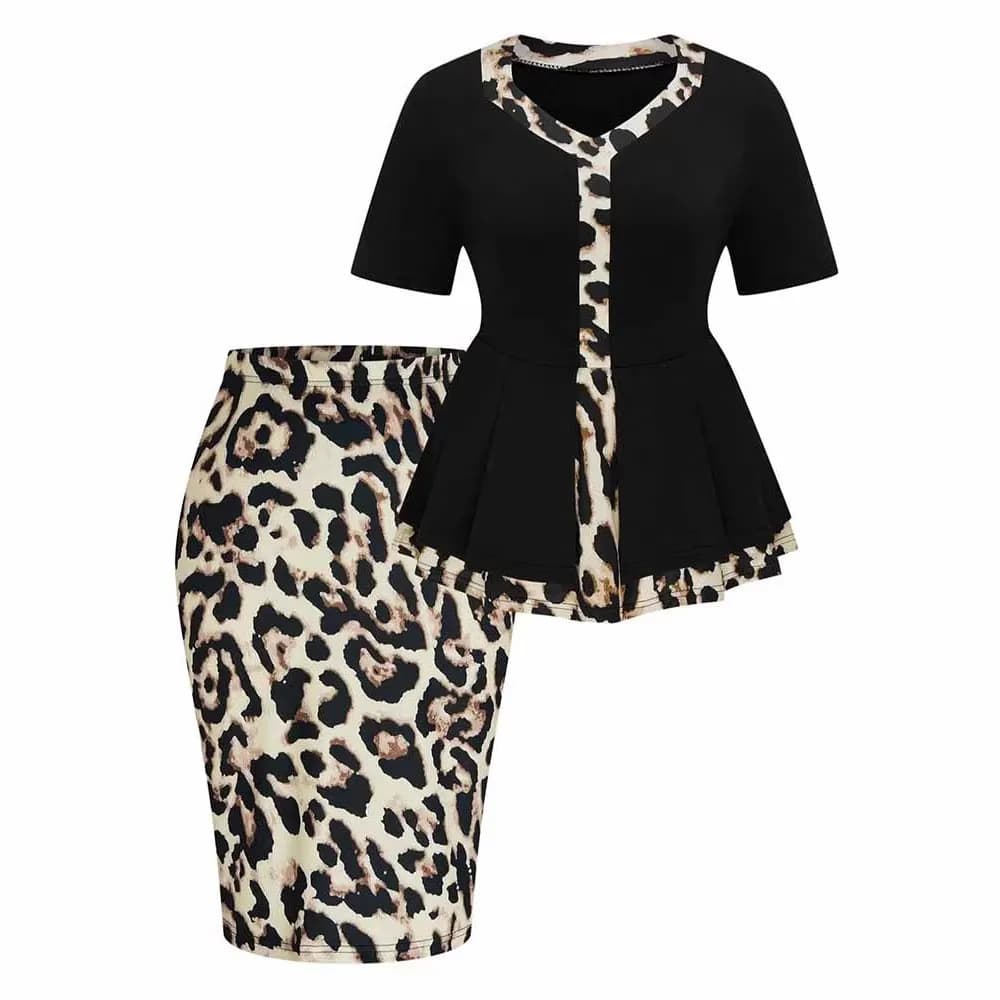 Women Dress Capri Midi Printed Dresses Peplum Top Pencil V Neck Skirt Set Leopard Print Knee Length Brown Two Piece Dress