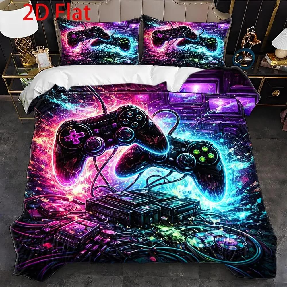 Soft Duvet Cover Set of Three, 2D Flat Printed Duvet Cover Set, Game Controller Neon Tech Theme, Cyberpunk, Machine Washable, Invisible Zipper, Large Duvet Cover Set, Bedding Set, Quilt Cover