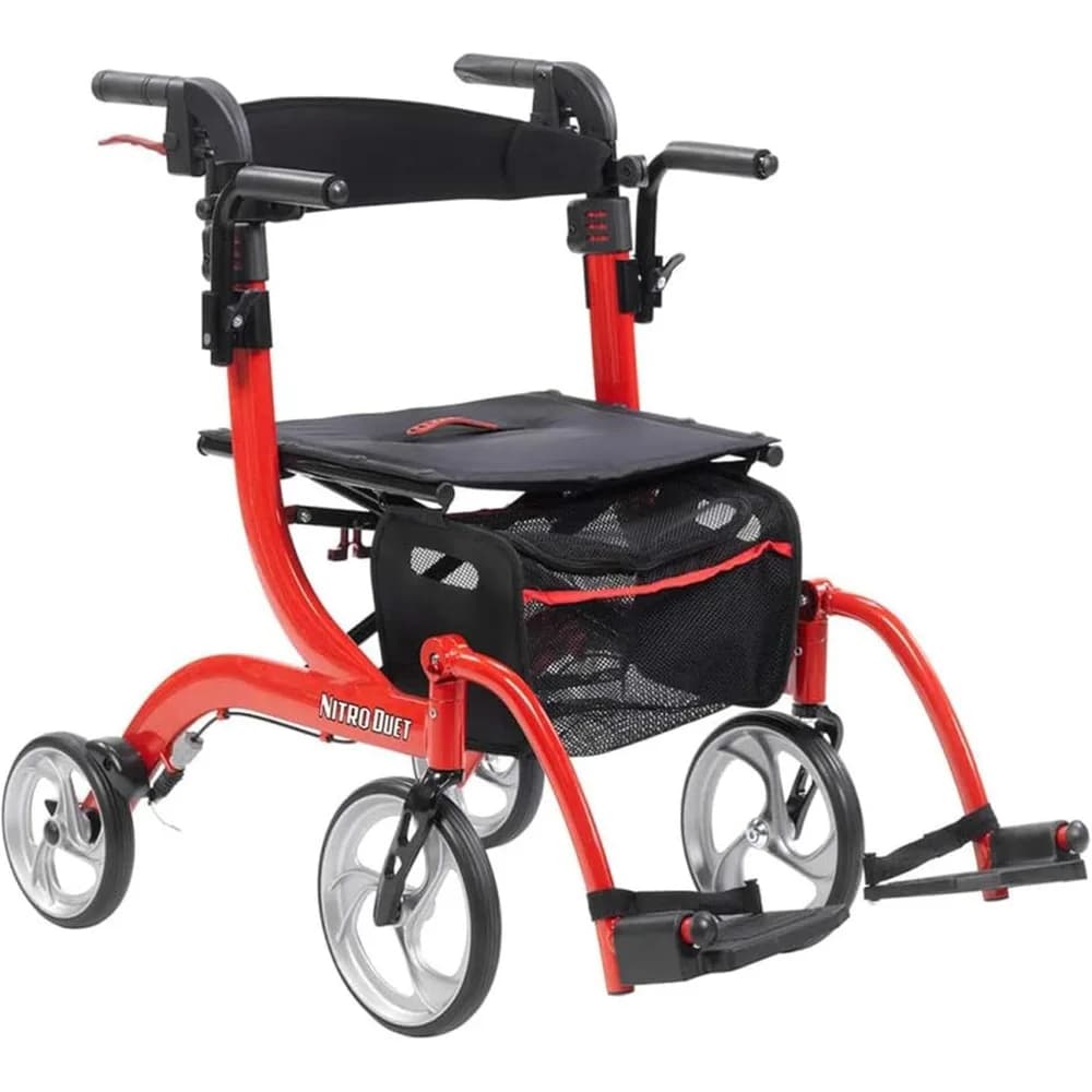 Nitro Sedia a rotelle da trasporto a doppia funzione e rollator Rolling Walker combinato con freni attivi a mano e supporto per la schiena, rosso
