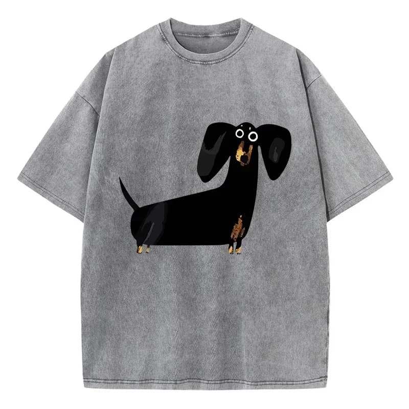 Divertente maglietta con stampa cane Bassotto effetto acid wash | T-shirt oversize da donna con scollo a O | Top estivo casual in morbido cotone