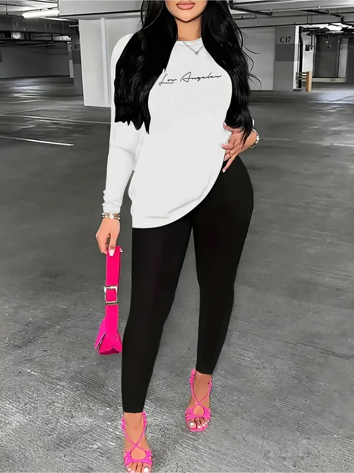 Long sleeve white shirt with fashionable monogram and simple design + black stickers set
