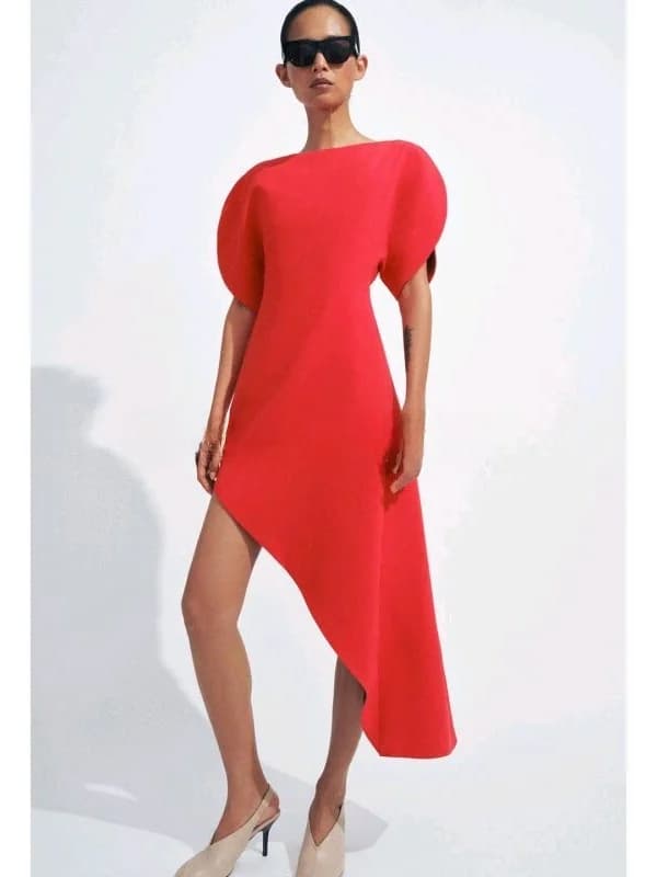 Abito Midi Estivo da Donna con Maniche a Bolla Corte, Monospalla, Orlo Asimmetrico ZA26 2102098 Stile Casual in Fibra di Poliestere, Gonna a Trapezio
