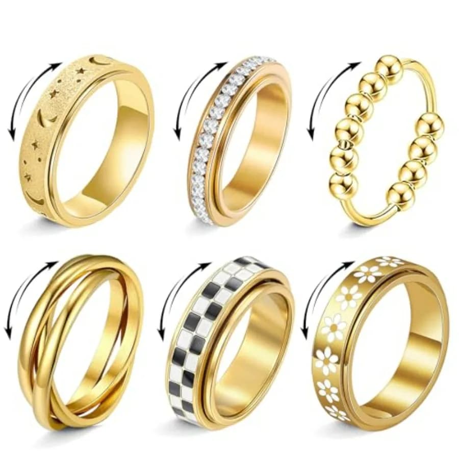 Anelli antistress MUCAL per donne, set di anelli spinner in acciaio inossidabile dorato, anello meditativo antistress con motivo floreale a scacchi