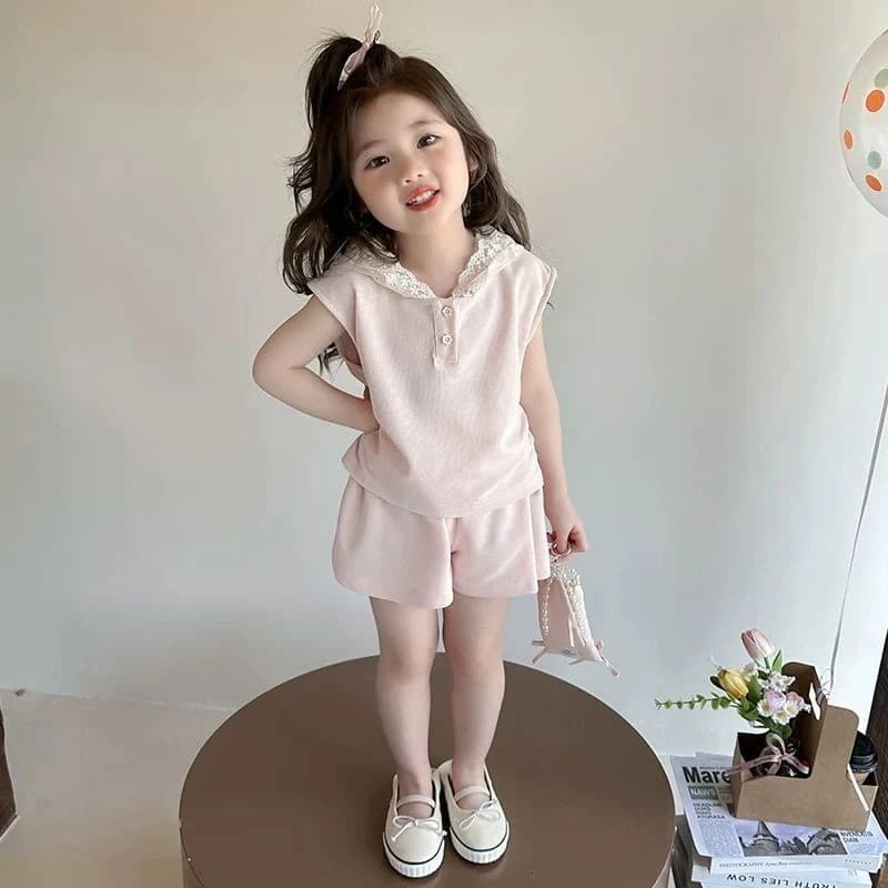 Set di pantaloncini con cappuccio in pizzo per ragazze, completo estivo in 2 pezzi, tinta unita, grazioso completo casual per bambine, abbigliamento per le vacanze