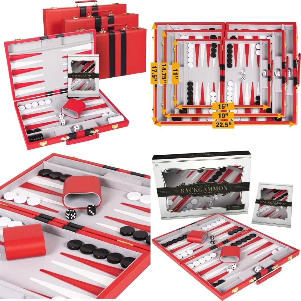 18 Set da backgammon Deluxe in similpelle rossa per famiglia e viaggi con accessori