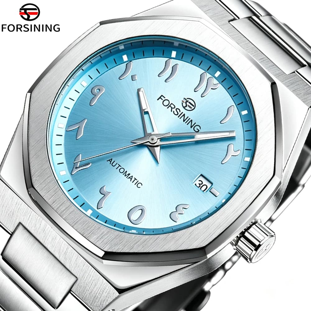 FORSINING Fashion Polygon Watch For Man Waterproof Luminous Ice Blue Automatic Mechanical Stainless Steel Top Luxury Male Clock