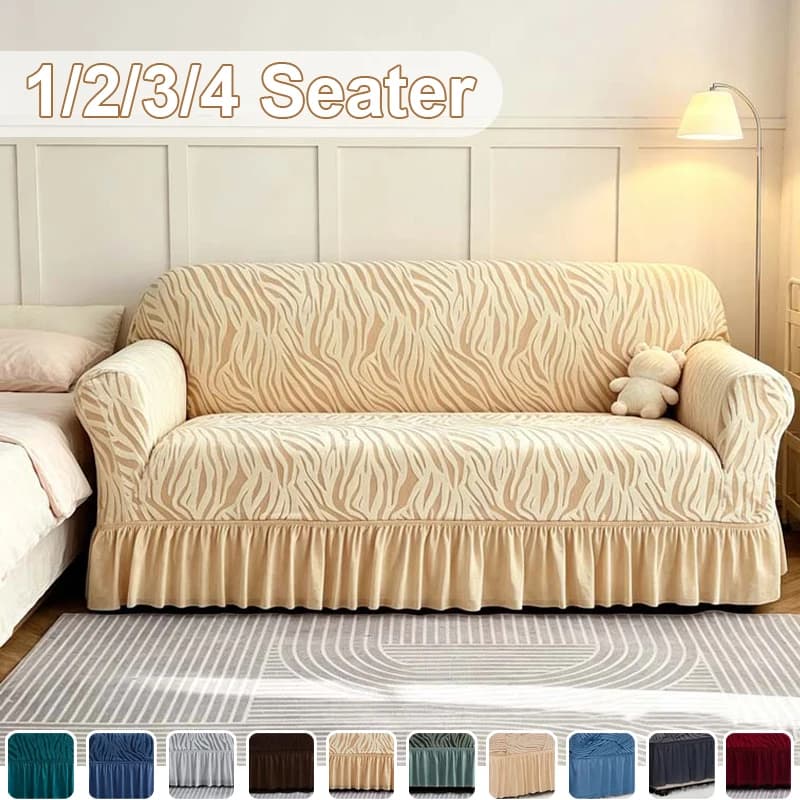 1pc Thick Jacquard Stretch Sofa Cover Full Wrap Dustproof Slipcover Anti-Slip Skirted Couch Protector for 1-4 Seater Living Room