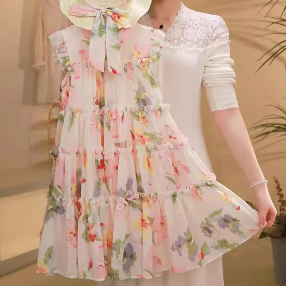 Versione coreana moda 4-13 anni ragazza fiore stampato principessa torta abito estivo senza maniche in chiffon per adolescenti abiti da vacanza al mare
