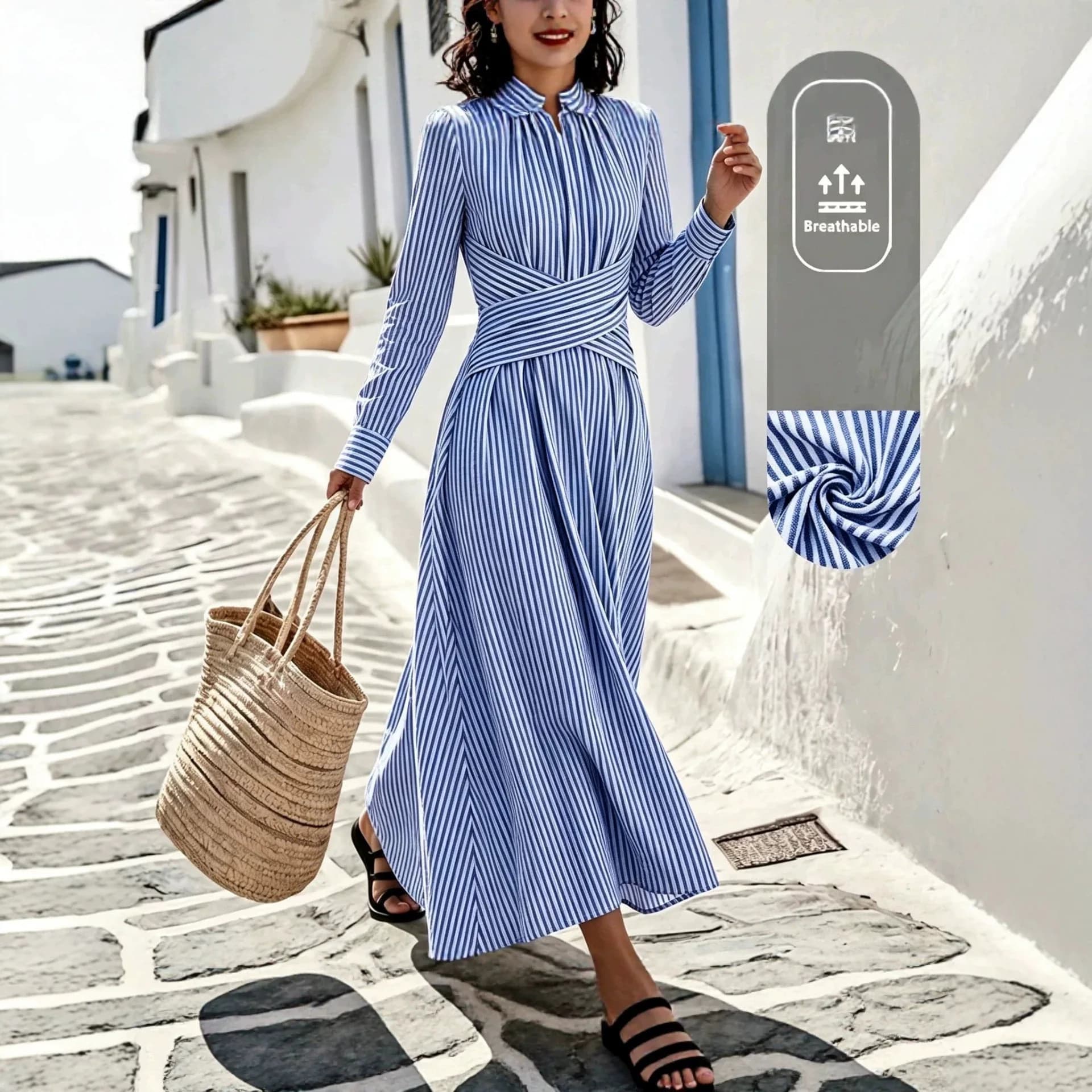 Women's Clothing Dress Women's New European And American Striped Round Neck Long Sleeves Cross Waist Pendulum Medium And Long