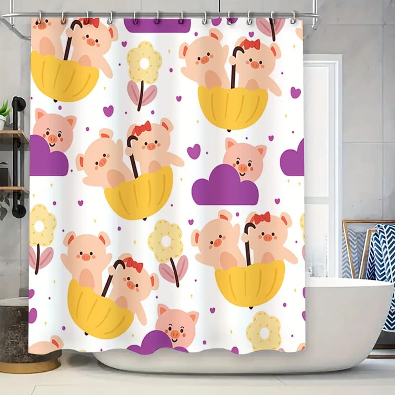Set di tende da doccia con ombrellone rosa maiale orso per l'arredamento del bagno Stampa di cartoni animati per bambini Appeso a parete Tessuto impermeabile Stampato in 3D Casa D