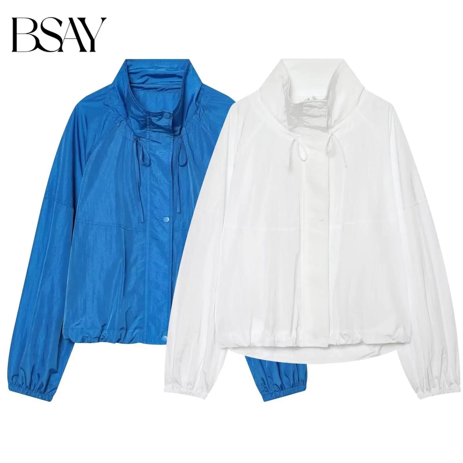 BSAY 2026 Summer Women Lightweight Sun Protection Jacket Stand Collar Drawstring Hem Loose Long Sleeve Casual Commute Outerwear
