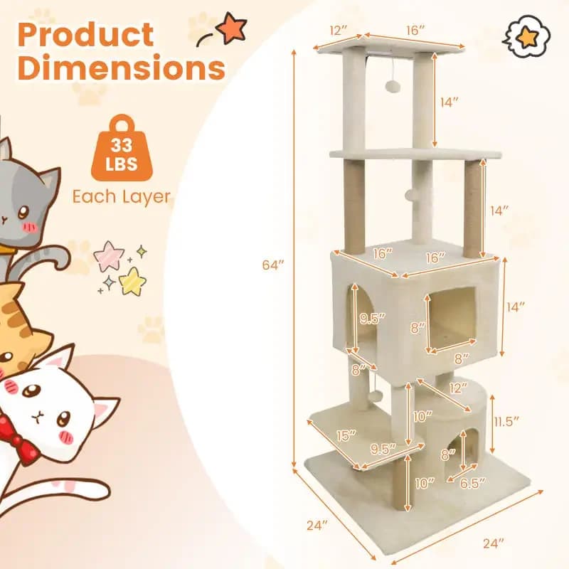 Albero per Gatti Alto 64 Pollici con 2 Grandi Cucce e Posti di Grattamento in Juta per Gatti Adulti da Interno - Beige