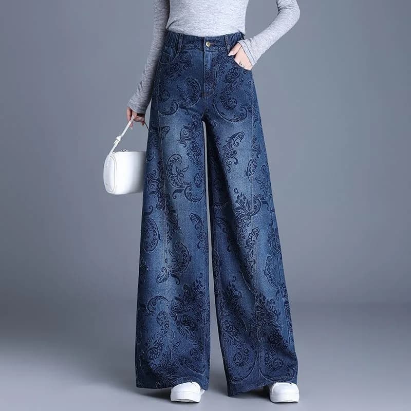 New Women's Printed Fashion Denim Trousers Autumn Winter Narrow Version High-waisted Wide-leg Trousers Female Straight-leg Pants