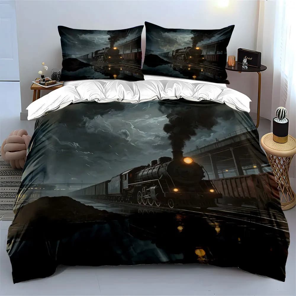 Set di Biancheria da Letto Vintage con Motivo Treno, Tre Pezzi, Morbido e Confortevole, Include 1 Copripiumino e 2 Federe, Idea Regalo