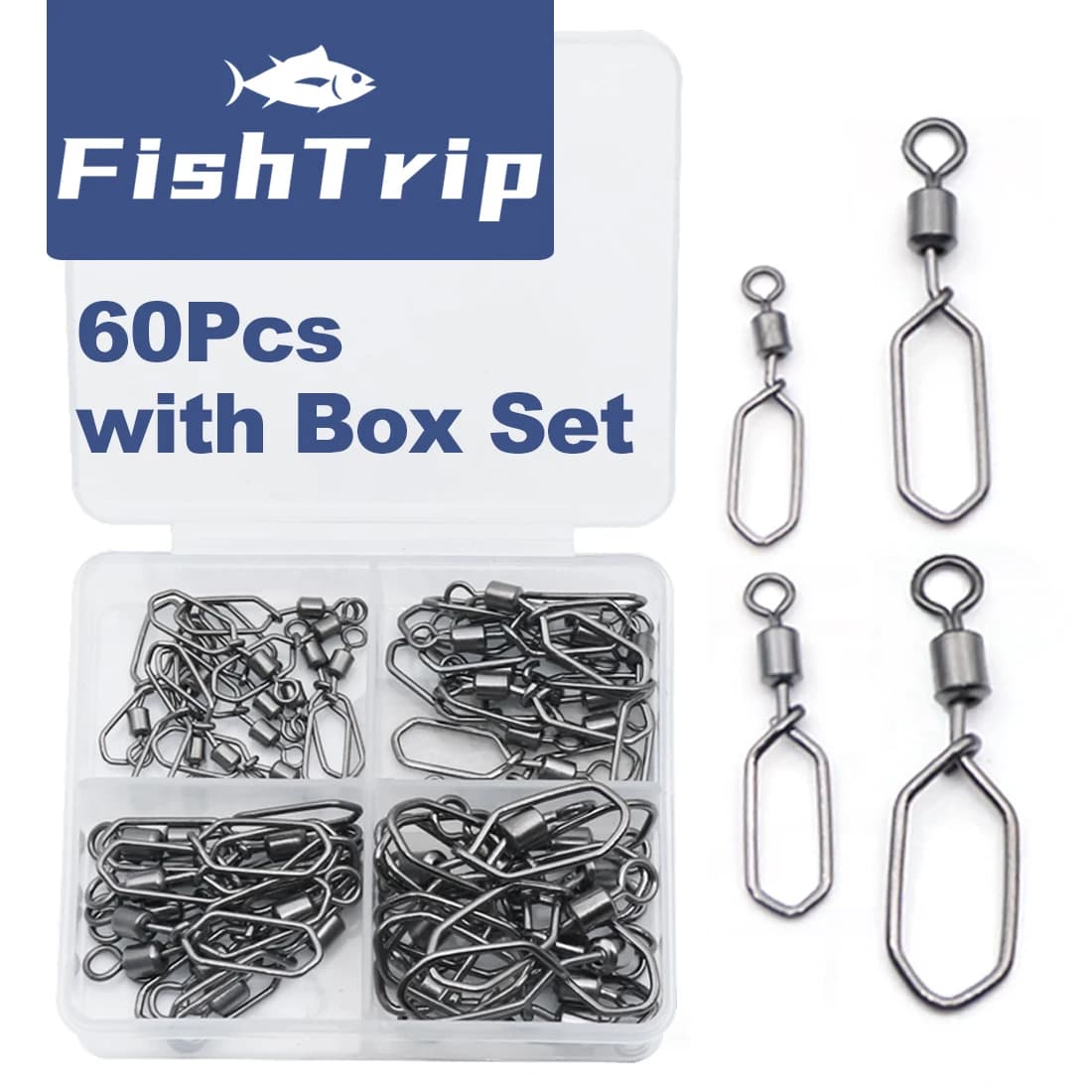 FishTrip 60 Swivel Swivel Fishing Parts with Box Set Stainless Steel Fishing Connector Terminal Equipment