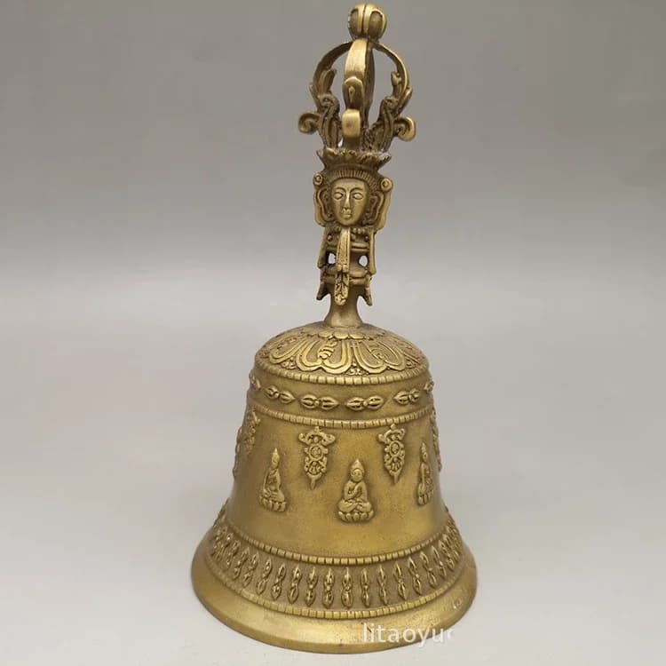 Tibetan Temple Bronze Tara Guanyin Statue Exorcism Bell Chung Chimes Clock