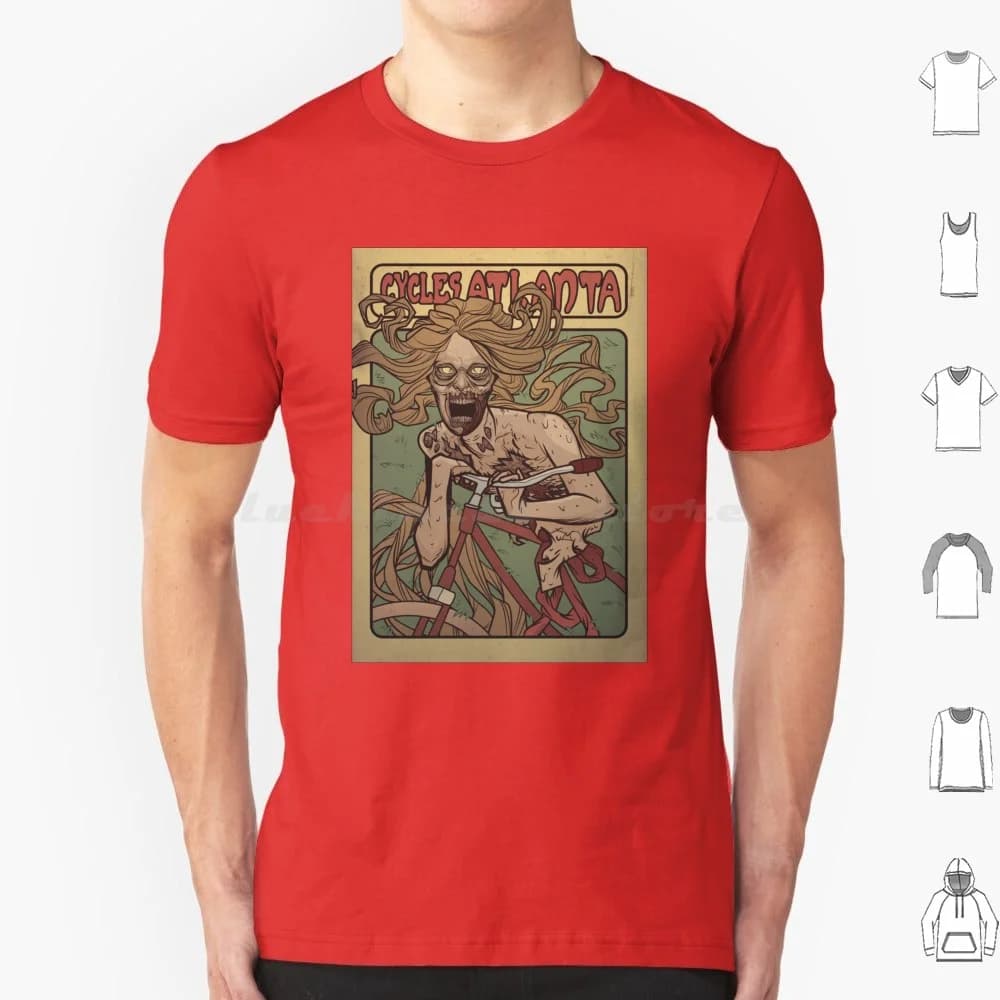 Bicicletta Zombie T Shirt Big Size 100% Cotone Zombie Art Nouveau Mucha Walking Dead Horror Halloween Mostro Pop Culture