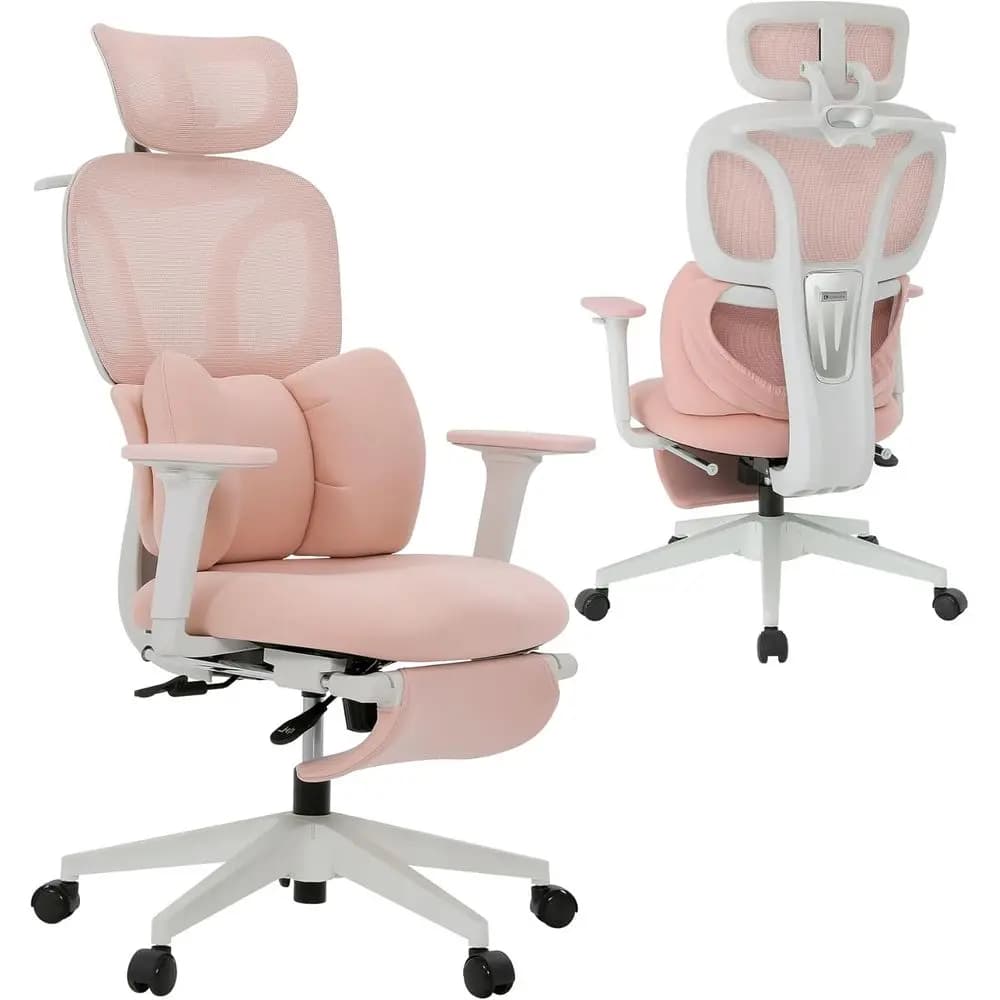 Sedia da Ufficio Ergonomica Compatta con Cuscino Rimovibile, Supporto Lombare, Appendiabiti, Poggiatesta Regolabile, Braccioli in PU e Poggiapiedi