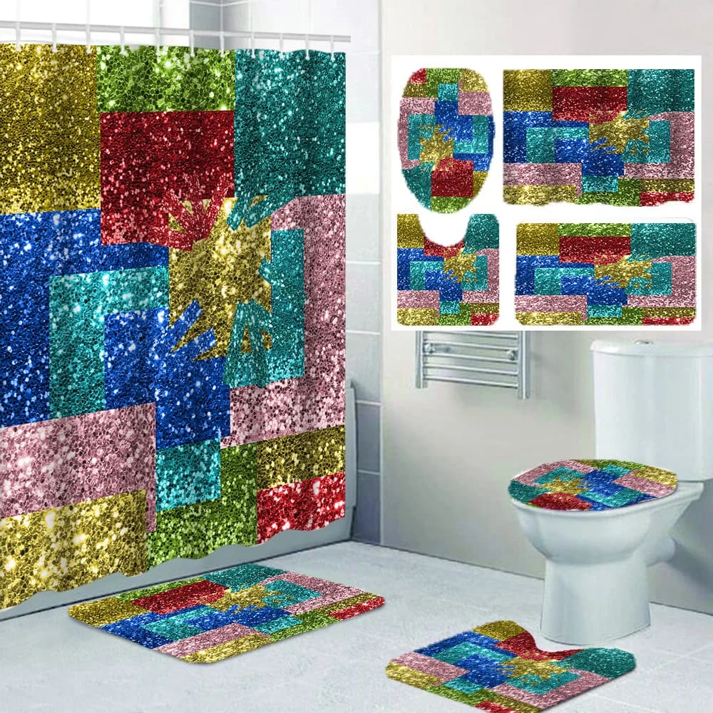 1/4 tende da doccia in cristallo brillante, decorazione per sedili WC, tenda da doccia con moquette e coperchio WC, ganci da 12 70,8x70,8 pollici