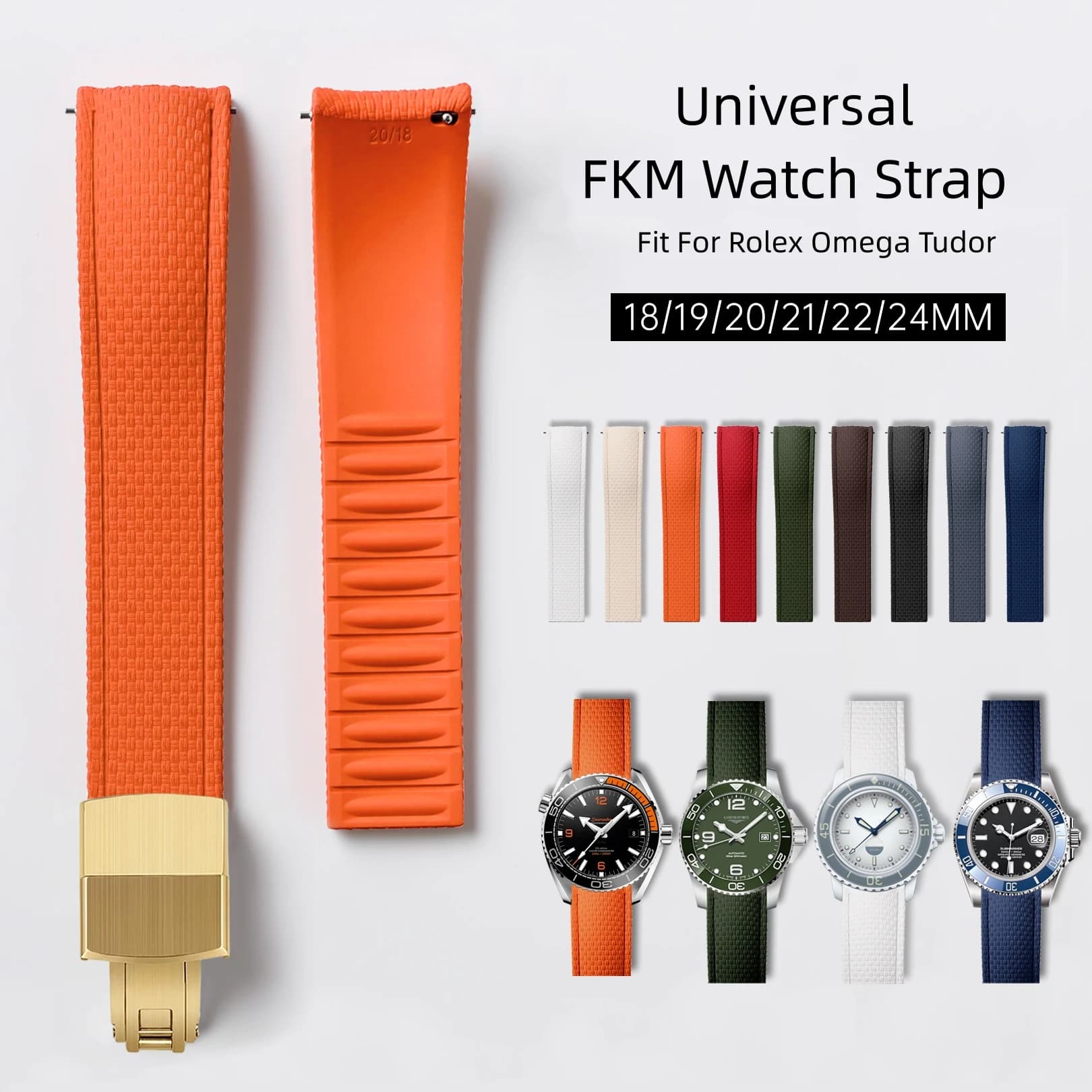 18mm 19mm 20mm 21mm 22mm Curved End Rubber CTS Strap with Bracelet Folding Buckle FKM Rubber Watch Strap Quick Release For Omega
