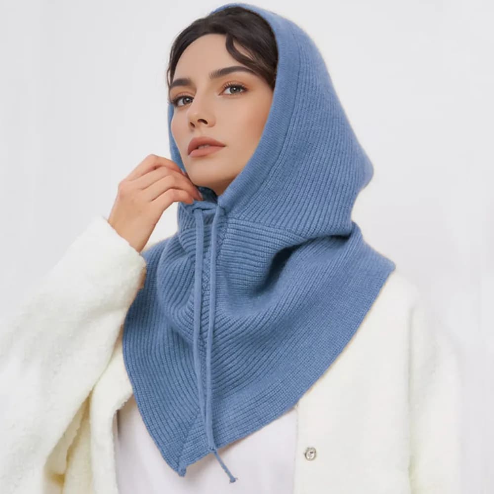 Cute Solid Color Balaclava Hat Thickened Warm Knitted Hooded Cap Scarf Neck Collar Winter Cap Streetwear