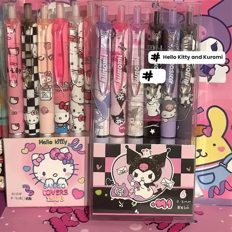 Set di 6 Penne Gel Sanrio Hello Kitty Kuromi da 0,55mm, Penne a Pressione Carine con Ricarica Nera, Articoli di Cancelleria Y2k per Scuola