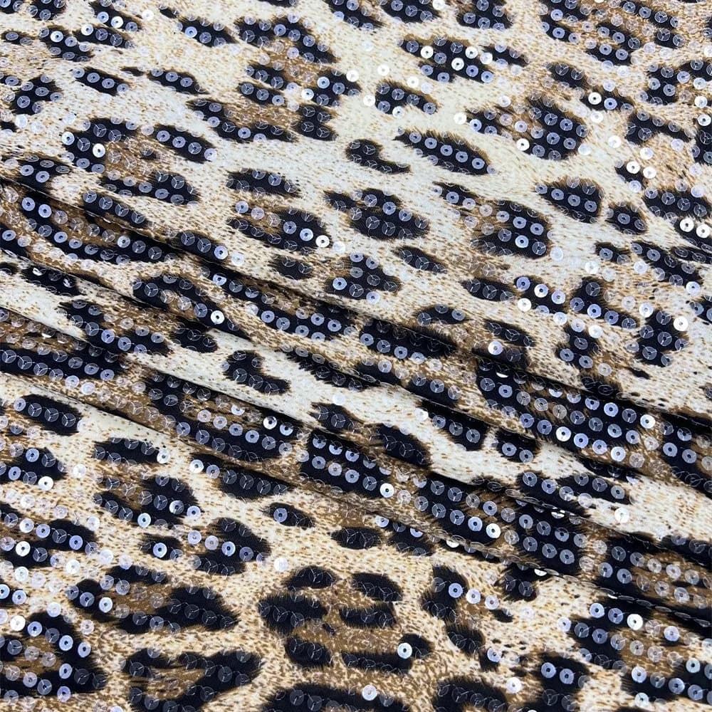130cm Wide 5mm & 3mm Knitted Leopard Print Transparent Sequin Fabric Sequin Embroidered Cloth for Garment Accessories