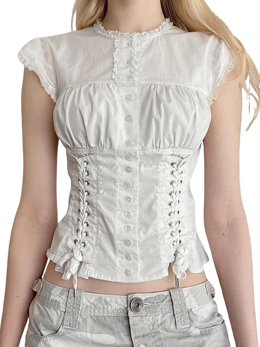 T-shirt da donna abbottonate, maniche ad aletta, girocollo, allacciatura incrociata sul davanti, top con finiture in pizzo